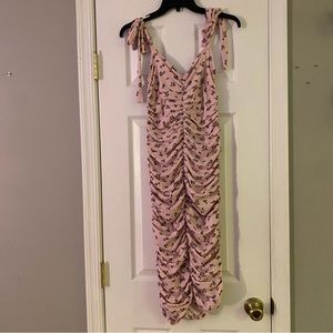 Pink Blush Pink Floral Ribbed Ruched Shoulder Tie Dress Size Small Endless Blu